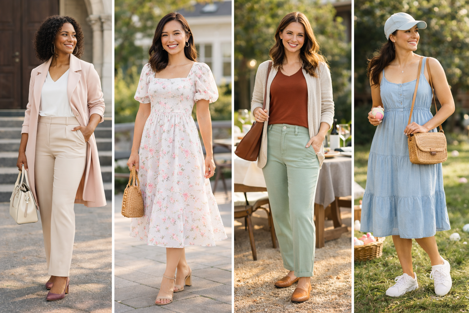 Four women wearing stylish Easter outfits for church, brunch, family lunch and casual egg hunt, featuring pastel dresses and tailored trousers.