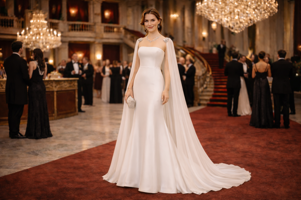 White tie opera gown for women featuring a full-length formal dress and elegant updo.