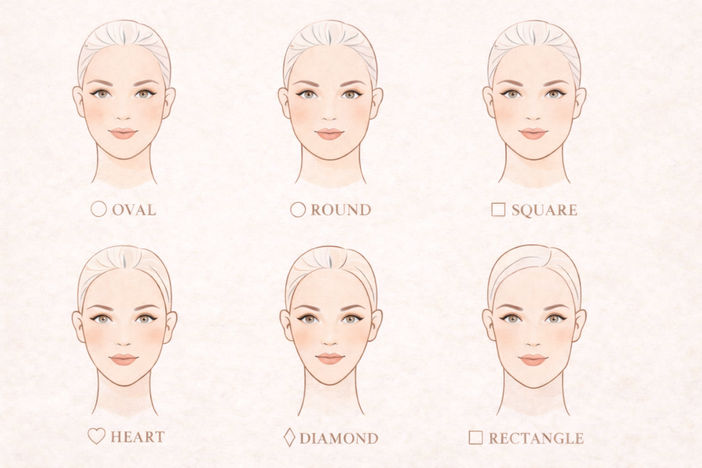 Comparison chart of women’s face shapes including oval, round, square, heart, diamond and rectangle.