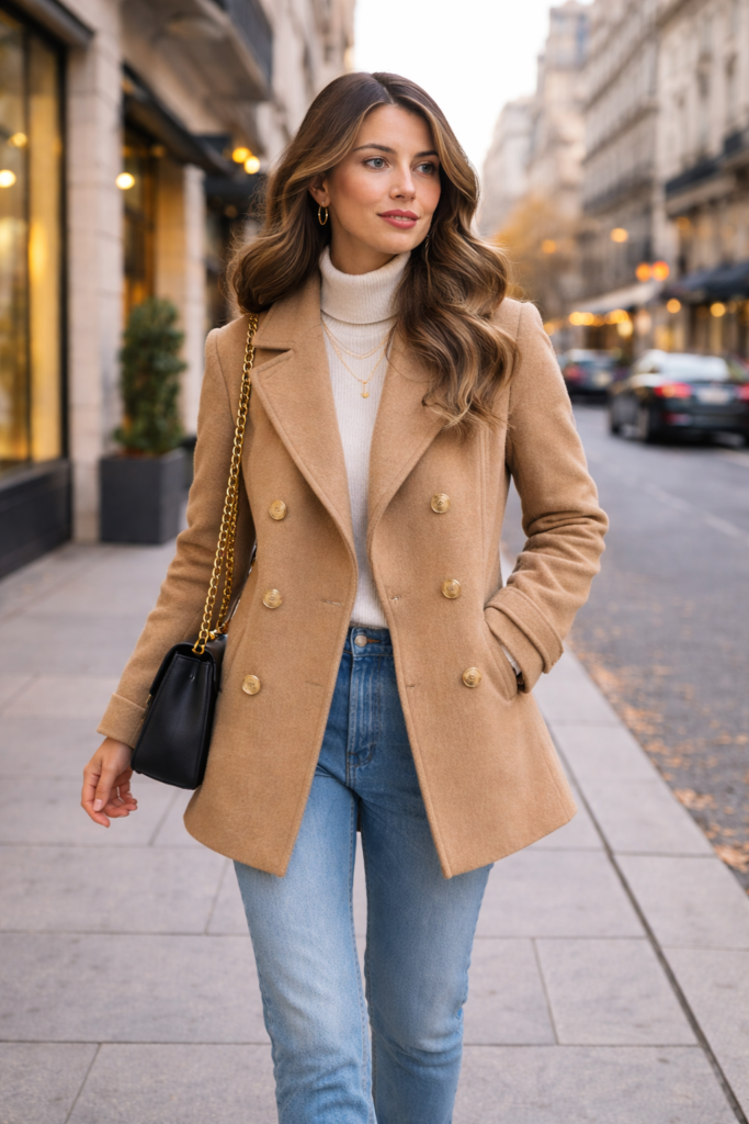 Short pea coat for women styled casually for cool weather and everyday wear