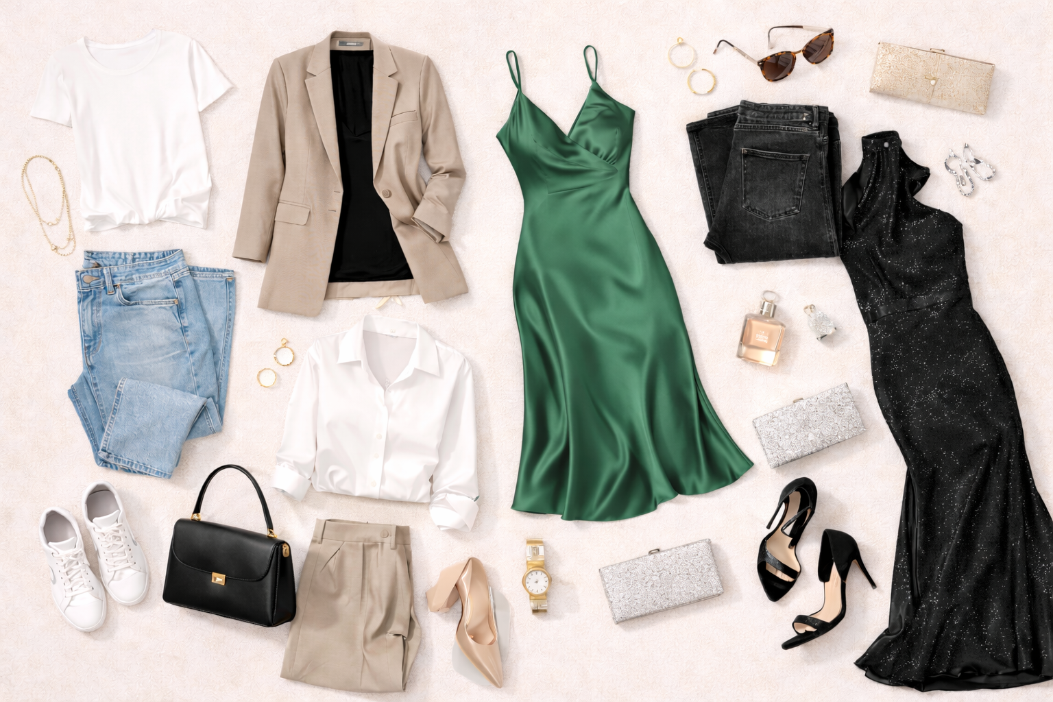 Flat lay collage of women’s dress code outfits from casual to black tie featuring jeans and t-shirt, blazer and trousers, satin midi dress, and formal evening gown with coordinated shoes and accessories.