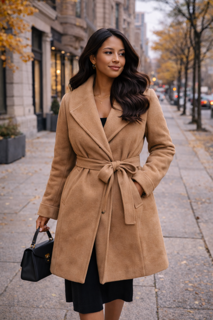 Belted wrap coat for women creating a flattering silhouette in fall and winter