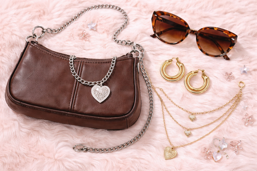 Y2K aesthetic accessories including mini shoulder bag, narrow sunglasses, layered gold jewellery and platform shoe trend.