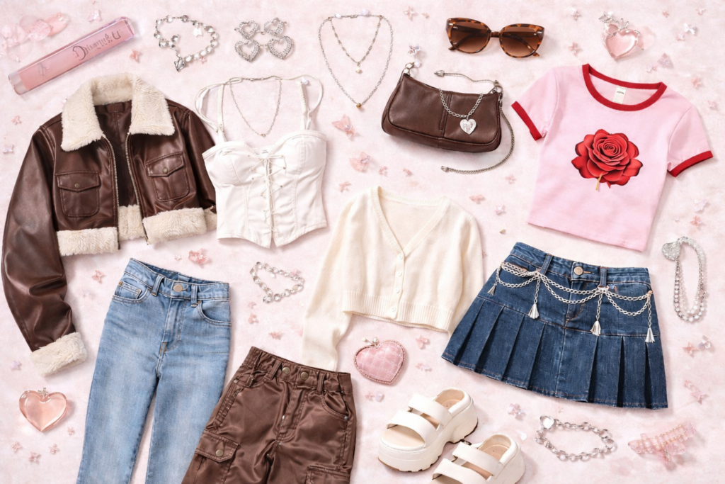 Y2K capsule wardrobe essentials for 2026 including baby tees, low rise jeans, mini skirt, platform sandals, mini shoulder bag and layered jewellery.