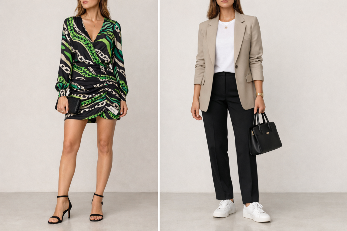 Side-by-side outfit comparison showing a trend-driven piece versus a versatile neutral outfit illustrating the 30 wears rule in fashion.