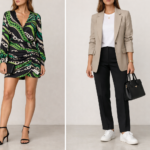Side-by-side outfit comparison showing a trend-driven piece versus a versatile neutral outfit illustrating the 30 wears rule in fashion.