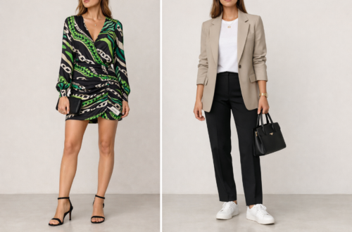 Side-by-side outfit comparison showing a trend-driven piece versus a versatile neutral outfit illustrating the 30 wears rule in fashion.