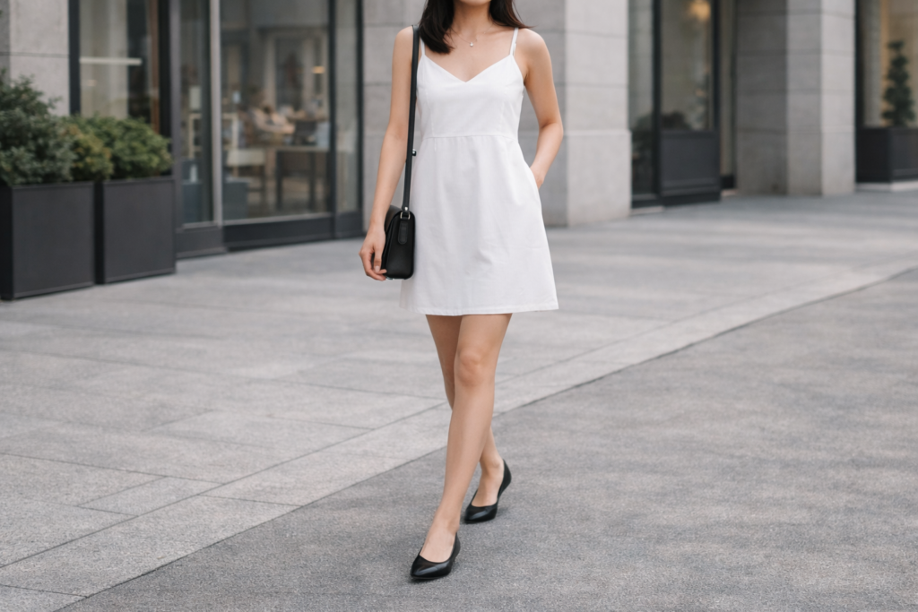 Ballet flats styled with a simple dress and oversized shirt for a relaxed modern outfit.