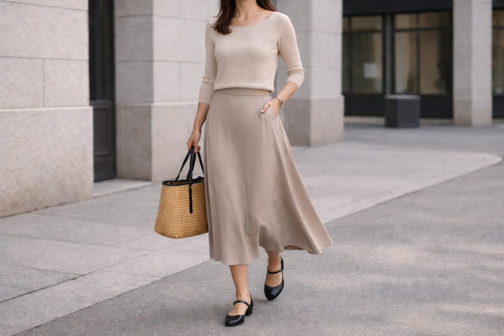 Ballet flats styled with a midi skirt and knit sweater in a soft feminine everyday outfit.