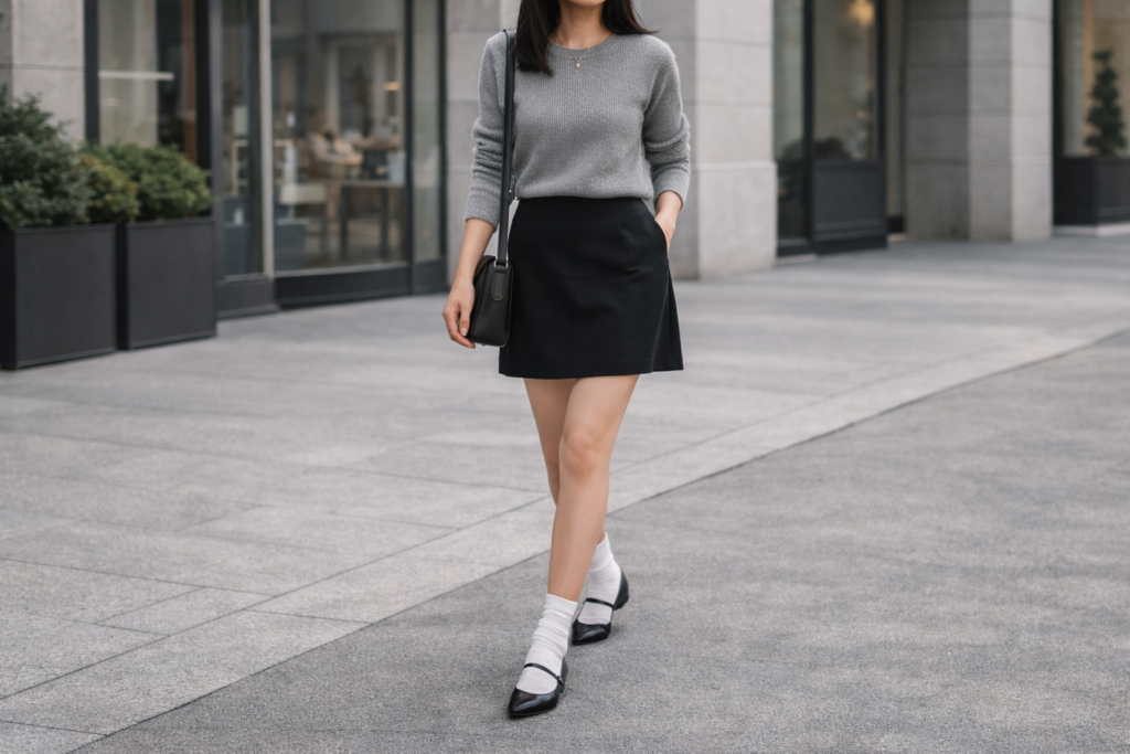 Modern outfit with ballet flats and socks styled with a mini skirt and sweater for a 2026 trend look.