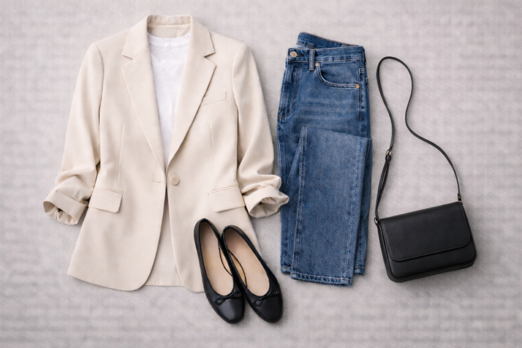 Flat lay outfit formula featuring ballet flats with jeans, T-shirt, blazer and structured bag on a neutral background.