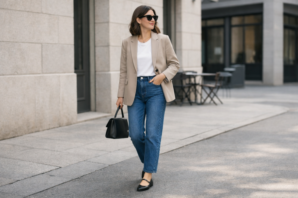 Ballet flats styled with straight-leg jeans, white T-shirt and blazer for a minimal everyday outfit.