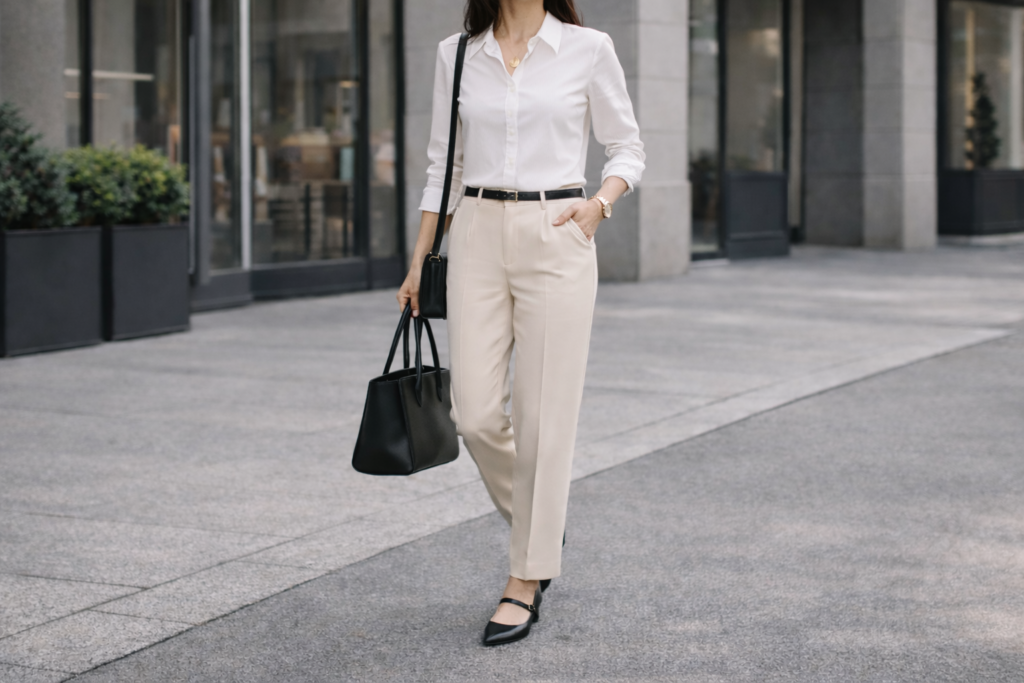 Chic outfit with ballet flats styled with tailored trousers and knit top for a polished minimal look.