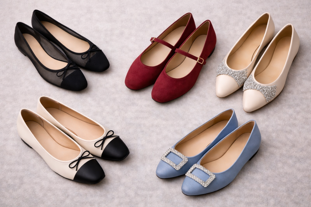 Close-up of ballet flats showing square toe, pointed toe and textured materials for modern styling details.