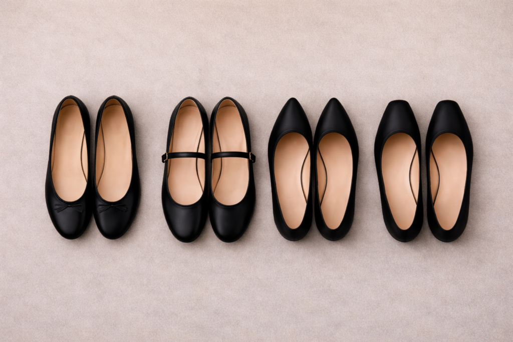 Comparison of ballet flat styles including classic, Mary Jane, pointed toe and square toe flats on a neutral background.