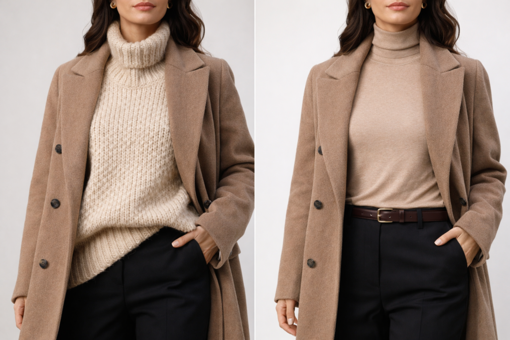 Comparison of bulky versus fitted base layers showing how thin clothing creates a more streamlined silhouette when layering outfits.