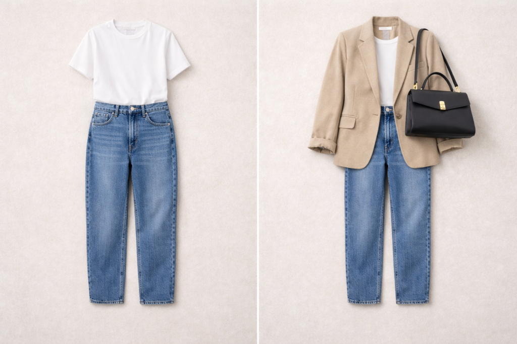 Before and after comparison showing how adding a blazer elevates a simple t-shirt and jeans outfit.