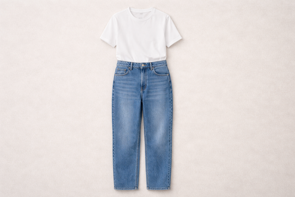 Simple outfit using basic white t-shirt and jeans styled in a minimal way without layering or accessories.