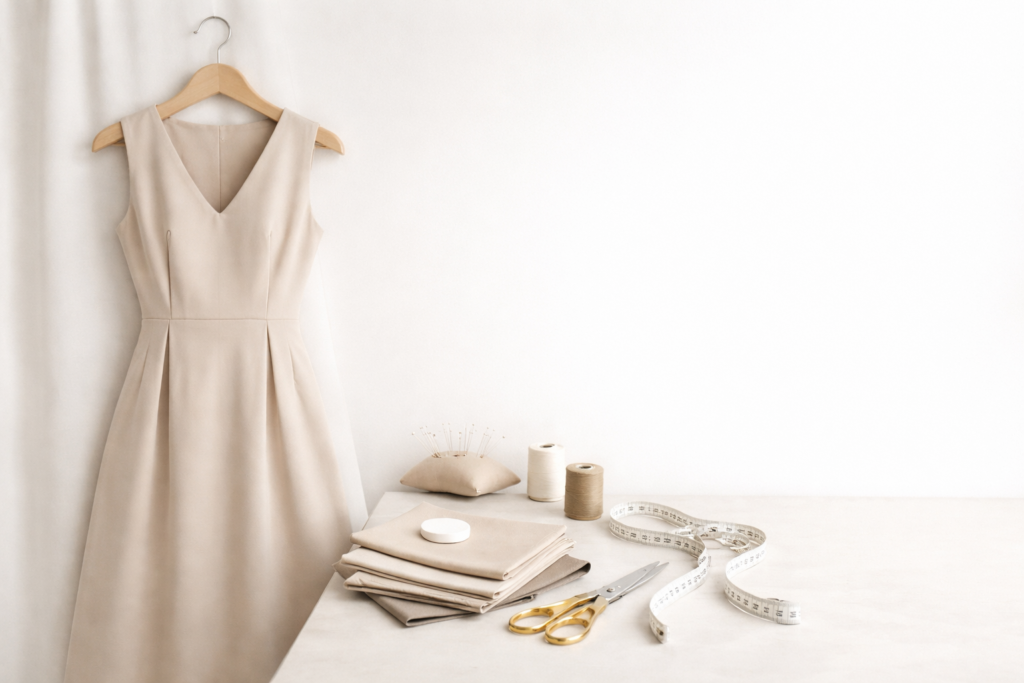 Neutral-toned bespoke dress on hanger with tailoring tools including measuring tape and fabric swatches in a minimalist studio setting.