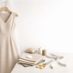 Neutral-toned bespoke dress on hanger with tailoring tools including measuring tape and fabric swatches in a minimalist studio setting.