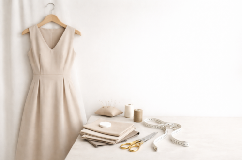 Neutral-toned bespoke dress on hanger with tailoring tools including measuring tape and fabric swatches in a minimalist studio setting.