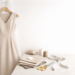 Neutral-toned bespoke dress on hanger with tailoring tools including measuring tape and fabric swatches in a minimalist studio setting.