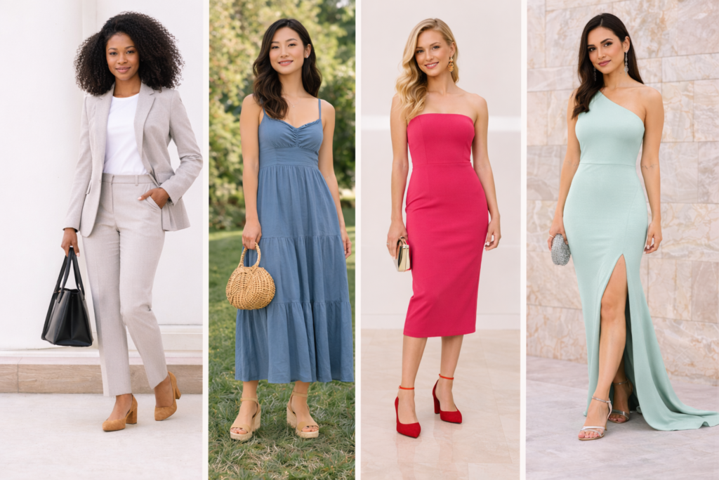 Women’s heels styled for different dress codes including office, cocktail, outdoor wedding and black tie events.