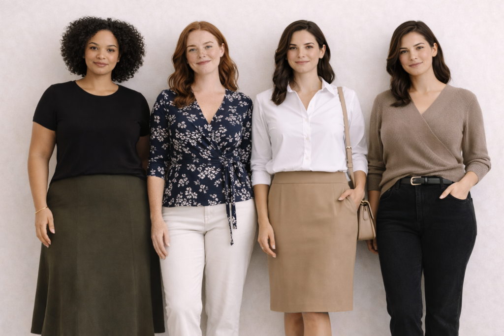 Women with different body types wearing flattering tops including fitted t-shirt, wrap blouse, structured button-down and ribbed knit sweater styled with tailored bottoms.