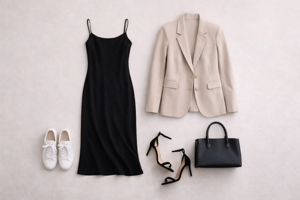 Flat lay of black dress outfit formula with blazer sneakers heels and structured bag.