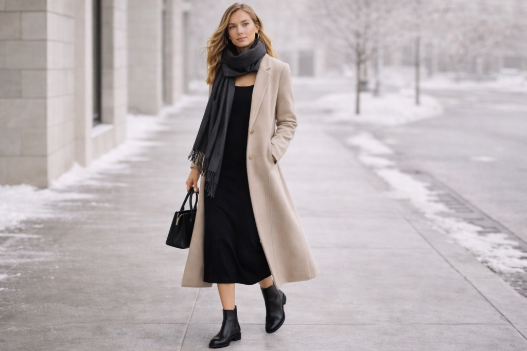 Black dress winter outfit styled with coat and boots in a layered tonal look. 