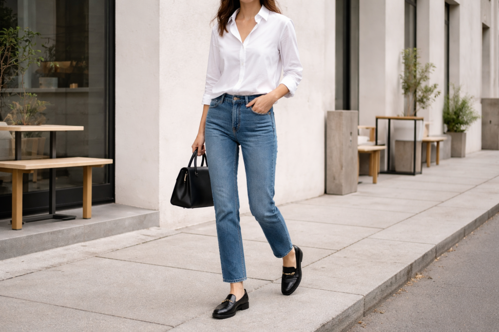 Casual outfit with black loafers styled with straight-leg jeans and a white shirt for an effortless everyday look.