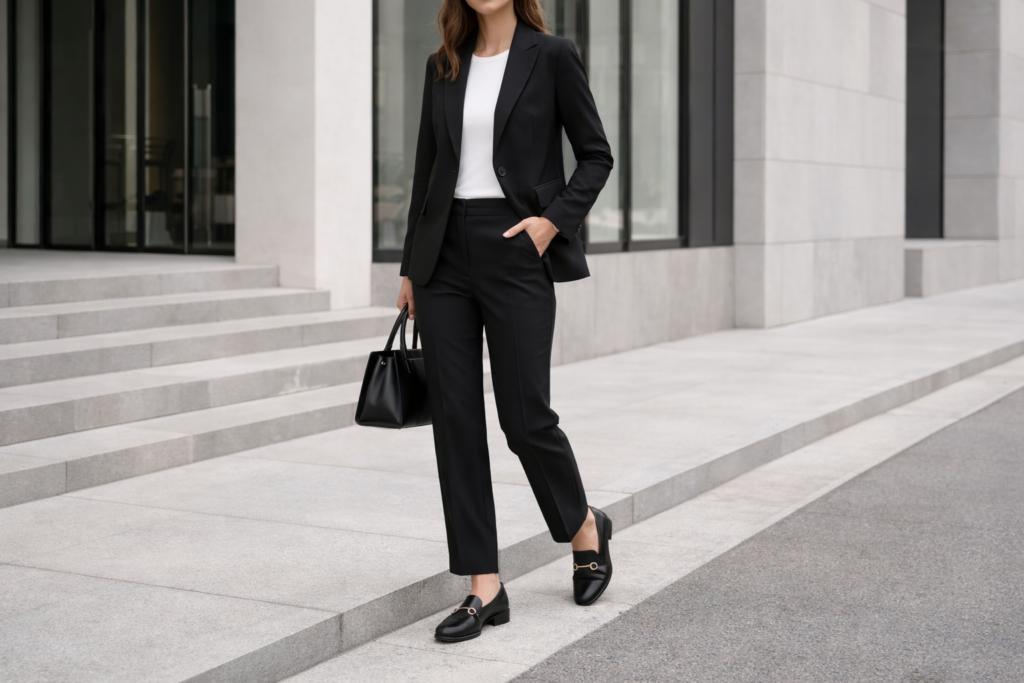 Woman wearing black loafers with tailored trousers and a blazer in a polished workwear outfit.