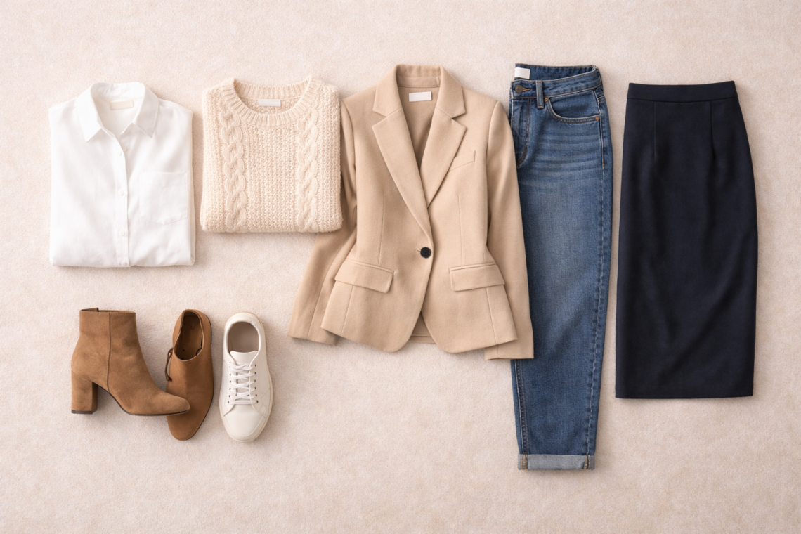 Minimal capsule wardrobe flat lay showing versatile wardrobe basics including a white shirt, knit sweater, blazer, jeans, skirt, boots, and sneakers arranged in a structured layout.