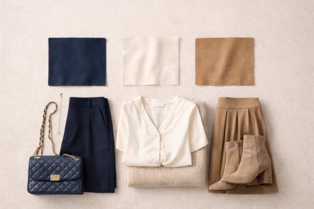 Capsule wardrobe colour palette featuring navy, cream, and camel clothing pieces, fabric swatches, and accessories arranged to demonstrate a cohesive minimalist wardrobe palette.