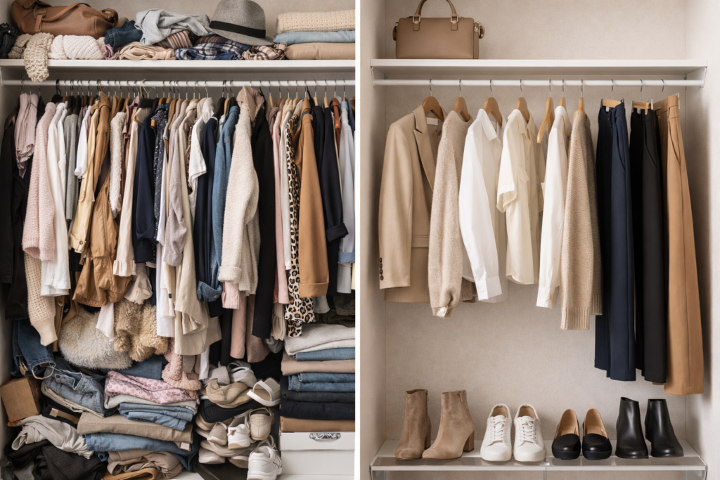 Split image comparing an overstuffed closet filled with clothing to a minimalist capsule wardrobe with neatly arranged neutral clothing pieces and shoes.