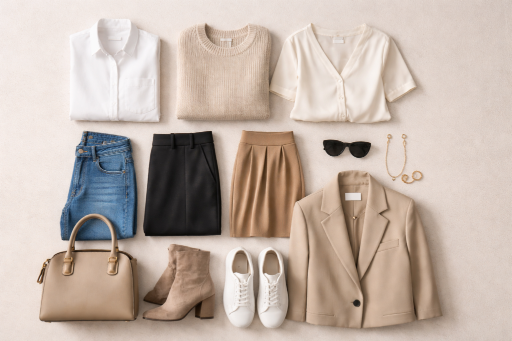 Grid of capsule wardrobe outfit combinations showing versatile pieces like a blazer, jeans, midi skirt, knit sweater, and sneakers styled into multiple minimalist outfits.
