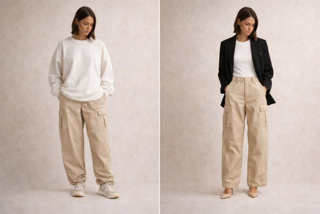 Comparison showing how to balance cargo pants with fitted versus oversized tops.