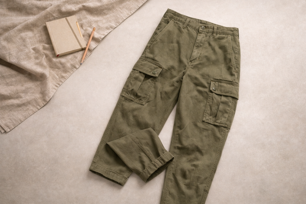 Flat lay of classic cargo pants showing utility pockets and military- inspired design.