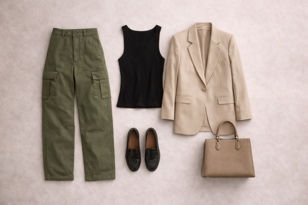 Flat lay of cargo pants outfit formula including blazer, tank top and heels.