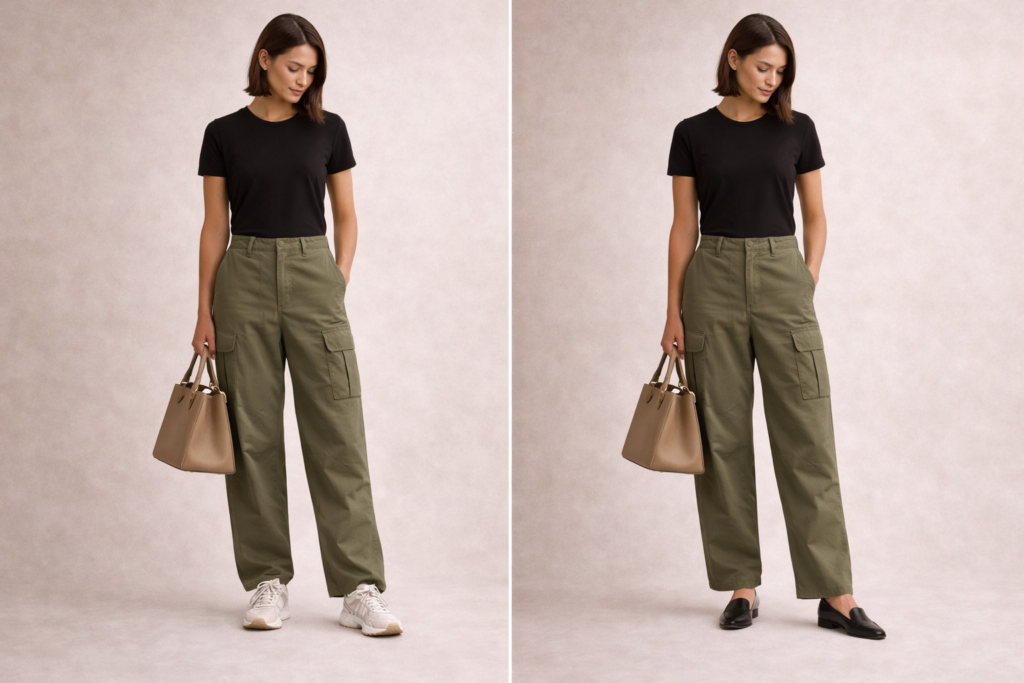Comparison showing how shoes change cargo pants outfit from casual to chic.