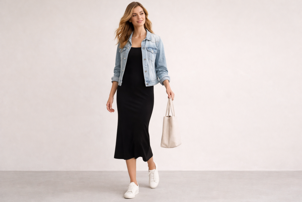 Casual black dress outfit styled with white sneakers and denim jacket for everyday wear.