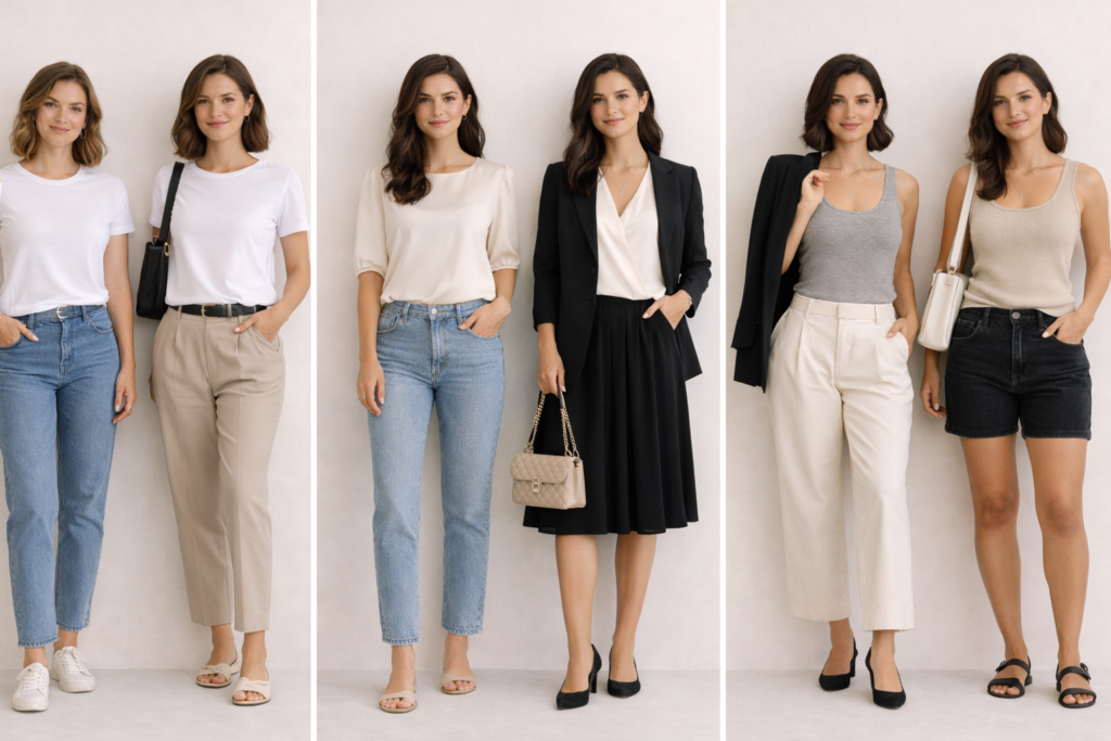 Side-by-side comparison of women’s tops styled casually and formally including t-shirt, blouse and tank top paired with jeans, trousers and heels.