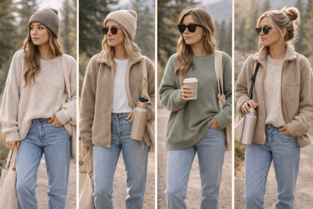 Celebrity-inspired granola girl aesthetic outfits featuring oversized sweaters, relaxed denim, natural makeup and earth-tone layering.