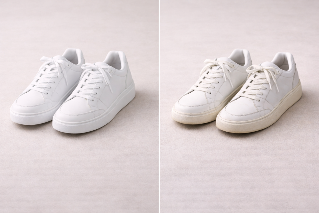 Comparison of clean white sneakers versus slightly worn sneakers showing impact on outfit styling.