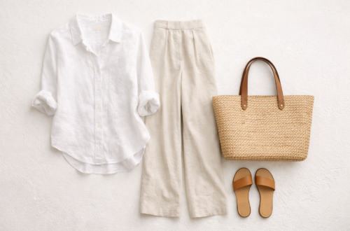 Coastal grandmother aesthetic outfit flat lay featuring white linen shirt, beige wide-leg trousers, leather sandals, and straw tote on a neutral background.