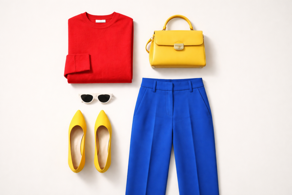 Flat lay colour blocking outfit featuring a red sweater, cobalt blue trousers, and yellow heels arranged in bold colour sections to illustrate the colour blocking fashion styling technique.