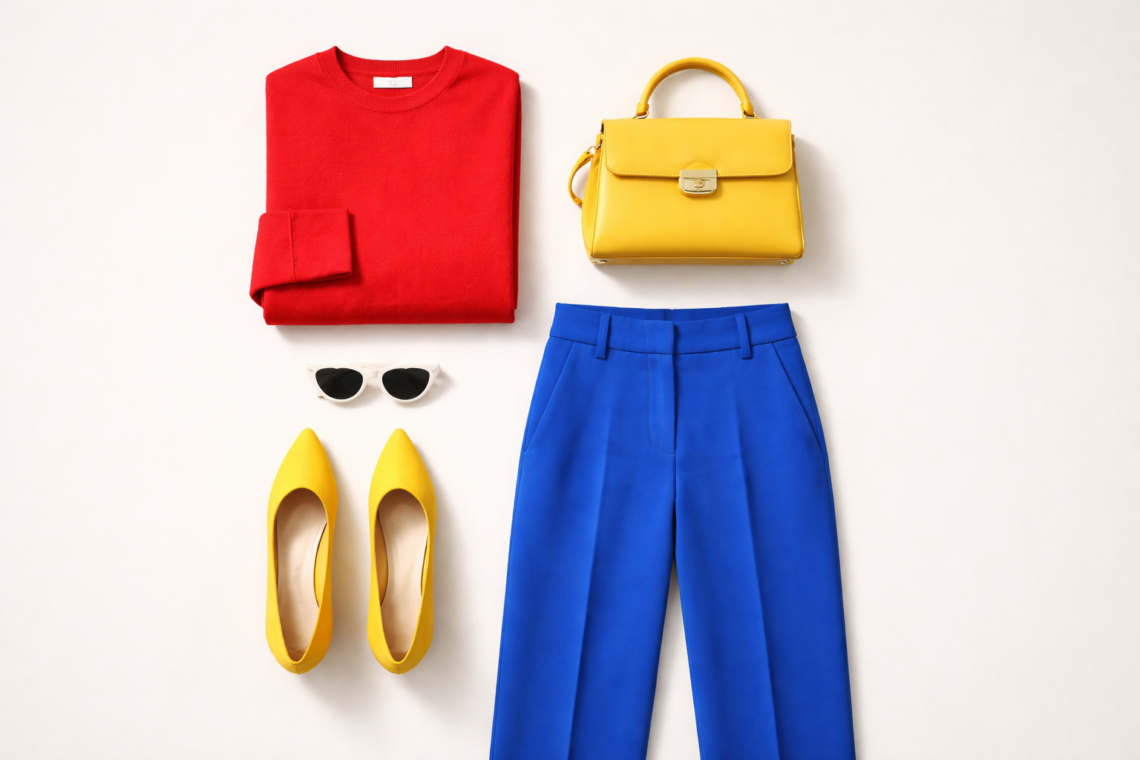 Flat lay colour blocking outfit featuring a red sweater, cobalt blue trousers, and yellow heels arranged in bold colour sections to illustrate the colour blocking fashion styling technique.