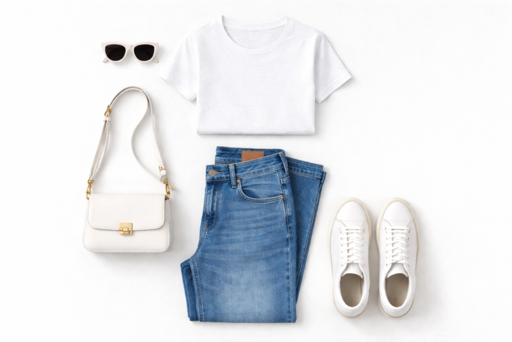 Flat lay outfit demonstrating Colour Sandwich Theory with white T-shirt, blue jeans, and white sneakers showing colour repetition styling trick.