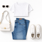 Flat lay outfit demonstrating Colour Sandwich Theory with white T-shirt, blue jeans, and white sneakers showing colour repetition styling trick.