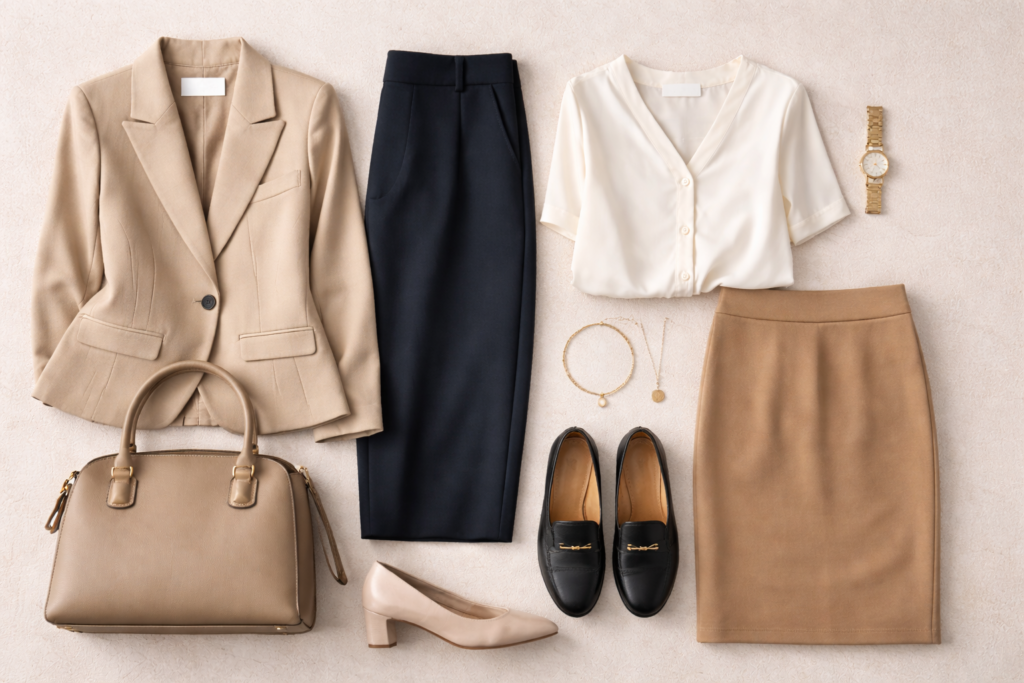Corporate work capsule wardrobe essentials including a blazer, tailored trousers, blouse, pencil skirt, loafers, and neutral accessories arranged in a minimalist flat lay.